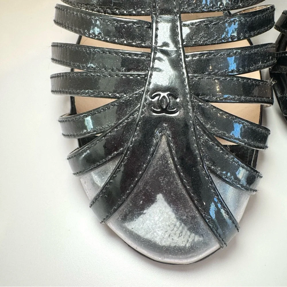 Chanel Black Patent Leather & Clear PVC Cage Block Heel Sandal W CC Logo, Sz 38